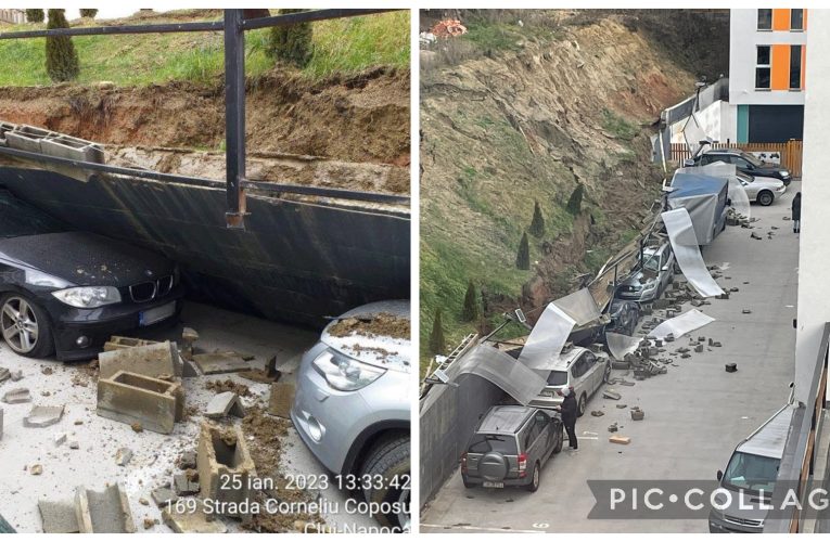 Coșmar pentru sălăjeni la Cluj! Un zid de sprijin s-a prăbușit peste mașini