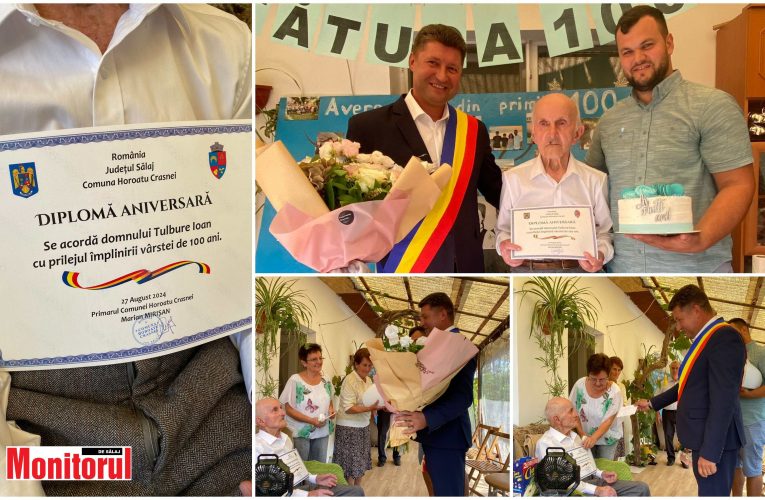 Tulbure Ioan din Horoatu Crasnei premiat de primarul Marian Mirișan la împlinirea unui secol de viață