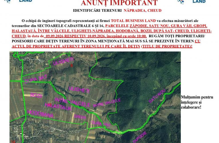 Anunț public cadastrare gratuită – UAT Năpradea